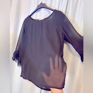 Sheer Black Three Quarter Sleeve Flutter Sleeve Blouse Black